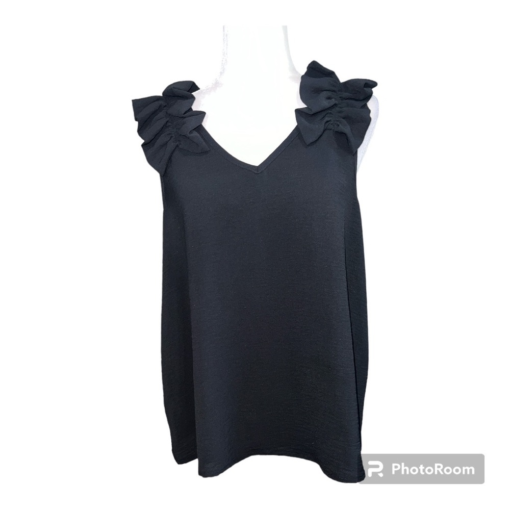 Sophie & Kate Ruffle Shoulder Sleeveless V-Neck Blouse Black.